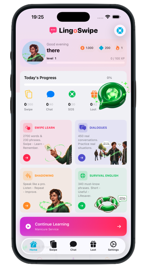 Tinder Flashcard trong LingoSwipe English
